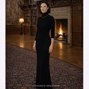 Black Ribbed Knit Turtleneck Midi Dress Long Sleeve Minimalist